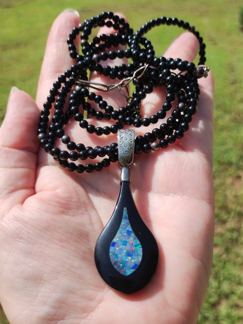 Jay King DTR agate 3 strand necklace Opal inlay pendant Enhancer 925 Sterling Si
